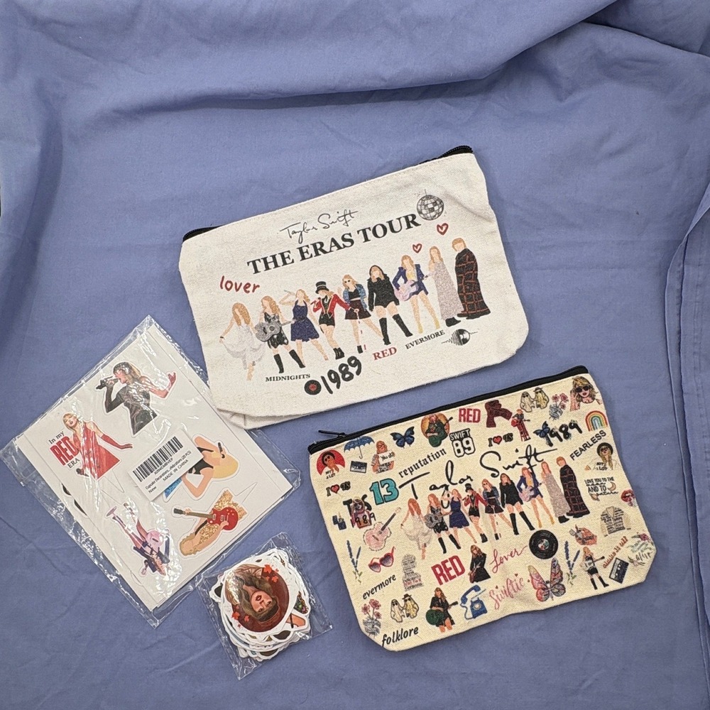 Taylor Swift Birthday Party Bundle‎ 2 Makeup Bags 75pc Stickers Cupcake Toppers